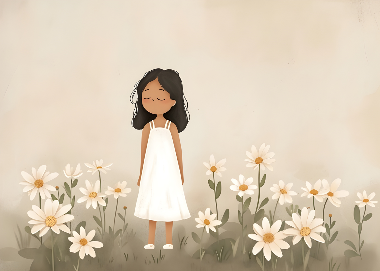 Peaceful Girl in Daisy Field - Whimsical Wall Art