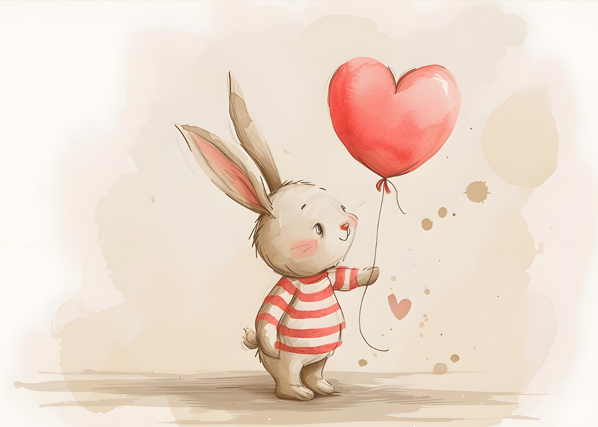 Cute Bunny with Heart Ballon - Happy Kid