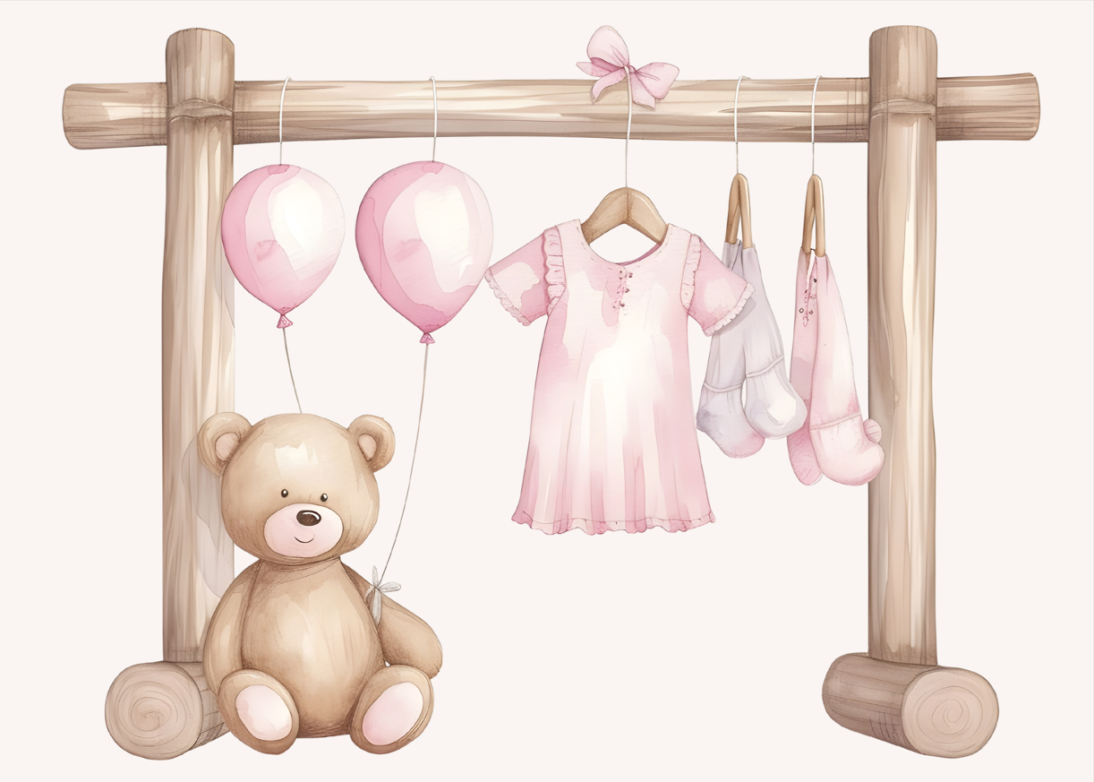 Teddy and Pink Clothesline - Sweet Nursery Wall Art