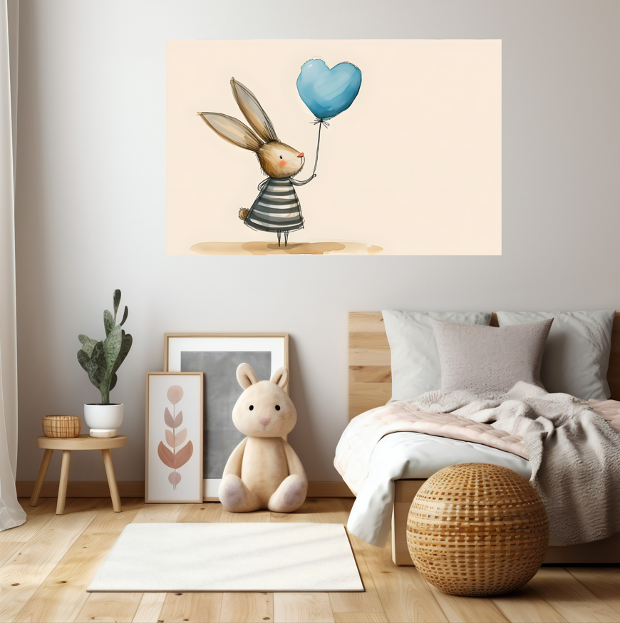Heart Balloon Bunny - Whimsical Nursery Wall Art