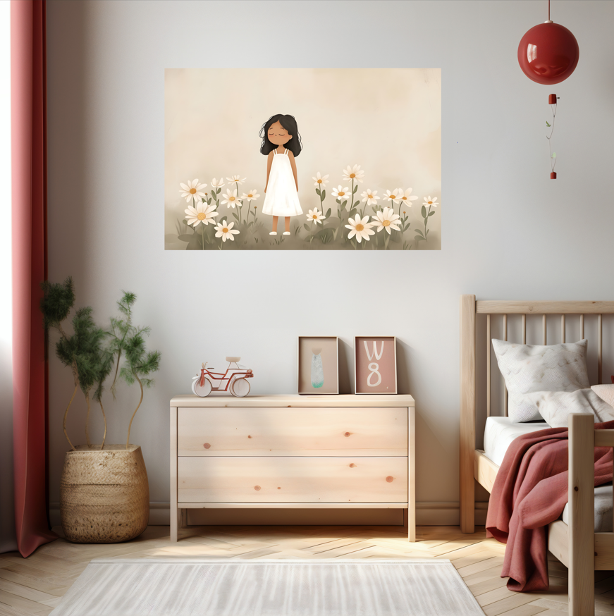 Peaceful Girl in Daisy Field - Whimsical Wall Art