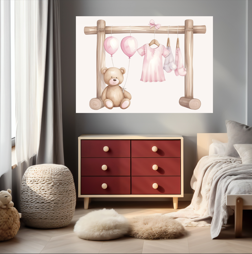 Teddy and Pink Clothesline - Sweet Nursery Wall Art