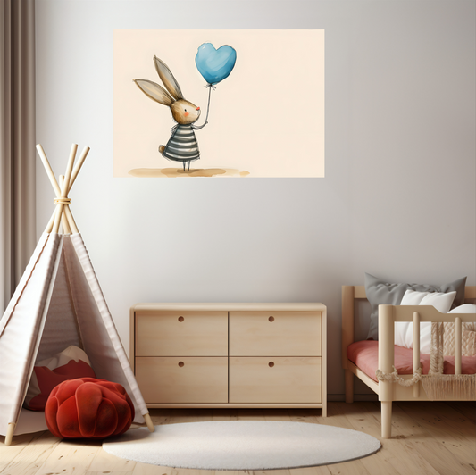 Heart Balloon Bunny - Whimsical Nursery Wall Art