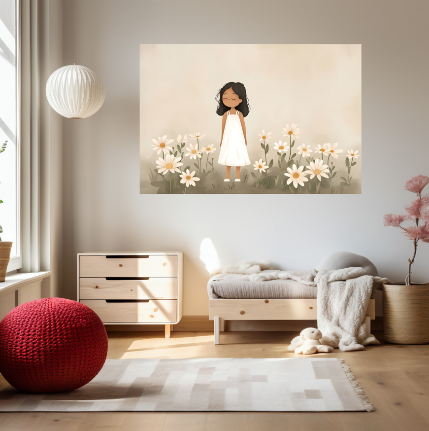Peaceful Girl in Daisy Field - Whimsical Wall Art
