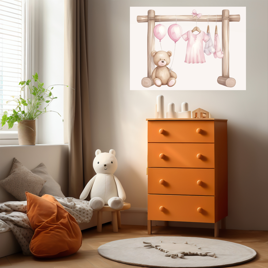 Teddy and Pink Clothesline - Sweet Nursery Wall Art