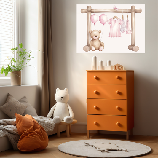 Teddy and Pink Clothesline - Sweet Nursery Wall Art