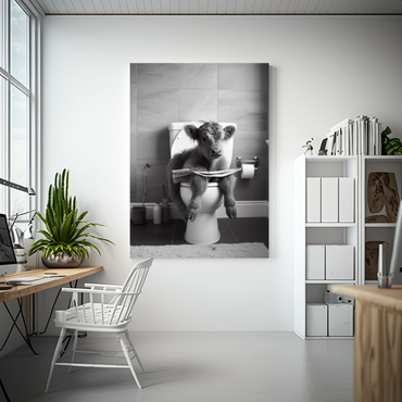 Scottish Cow Sitting On Toilet With Newspaper
