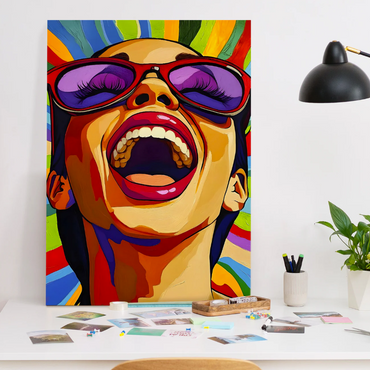 Joy Unleashed Canvas – Colorful Pop Art Portrait of a Woman Laughing