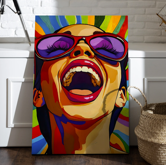 Joy Unleashed Canvas – Colorful Pop Art Portrait of a Woman Laughing
