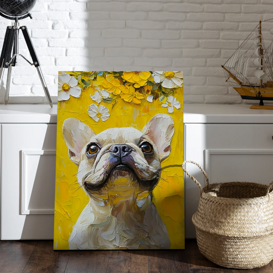 Sunny Frenchie Canvas – Playful Pup Portrait with Blooming Yellow Vibes