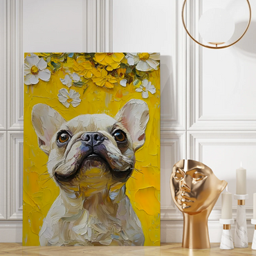 Sunny Frenchie Canvas – Playful Pup Portrait with Blooming Yellow Vibes