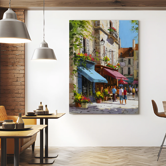 Parisian Café Street Canvas – Colorful European Alleyway Wall Art