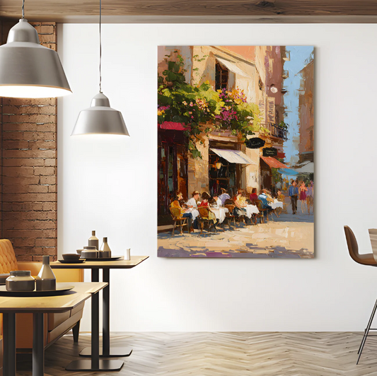 Golden Hour Café Canvas – Romantic European Street Scene Art