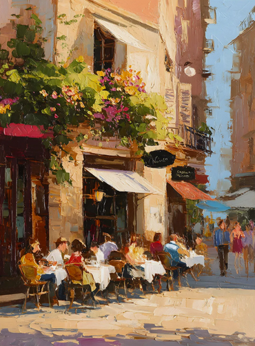 Golden Hour Café Canvas – Romantic European Street Scene Art