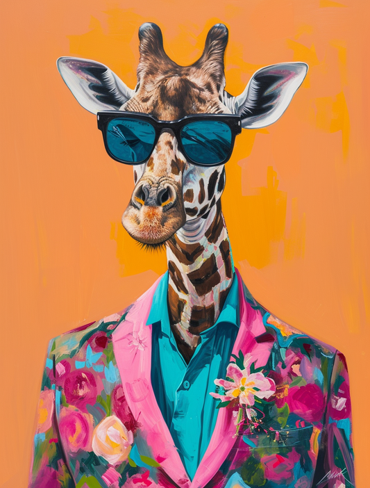 Quirky Giraffe in Floral Suit